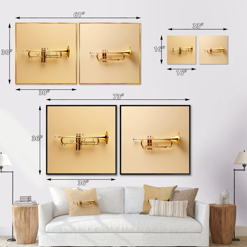 Gold Trumpet Call Bold Brass - Carré musical, ensemble de 2 collages, H 16 po x l 33 po, Cadre flottant doré
