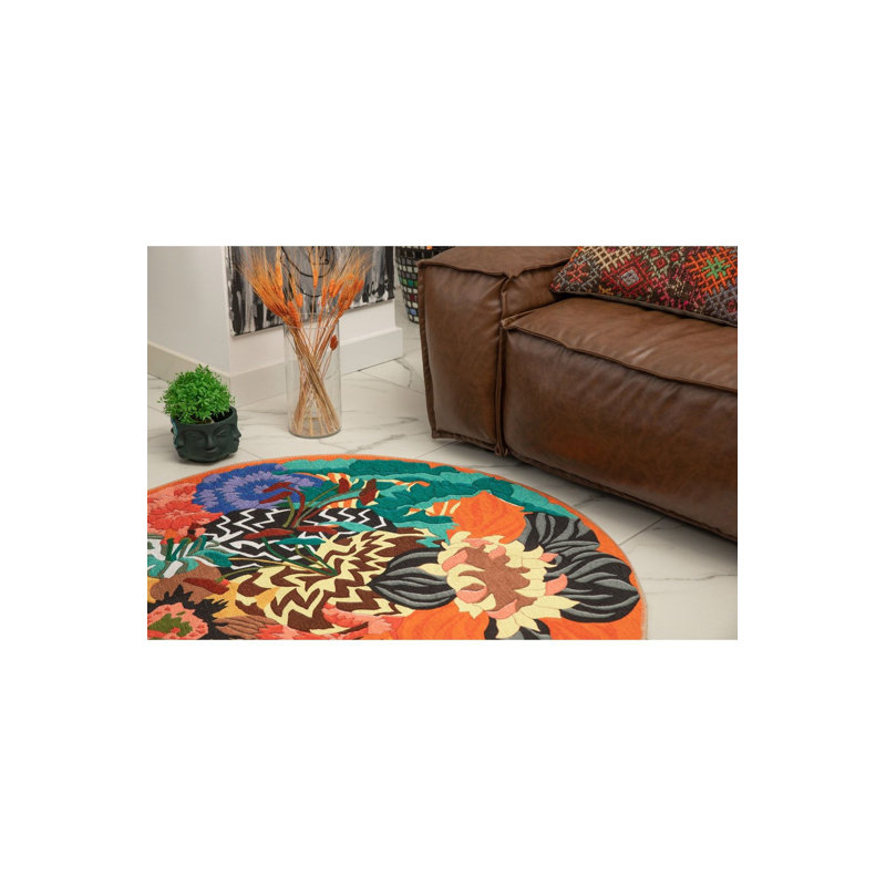 Tapis rond lavable à motif floral