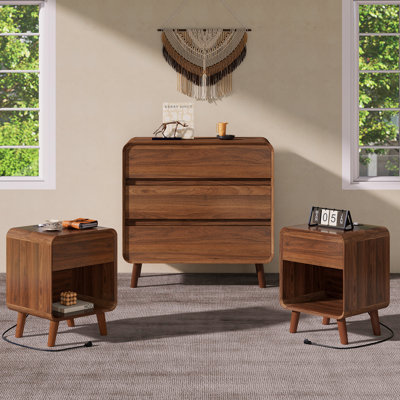 Ensemble de commode et table de chevet en bois de noyer, commode 3 tiroirs pour la chambre à coucher, ensemble de table de chevet de 2, ensemble de chambre classique