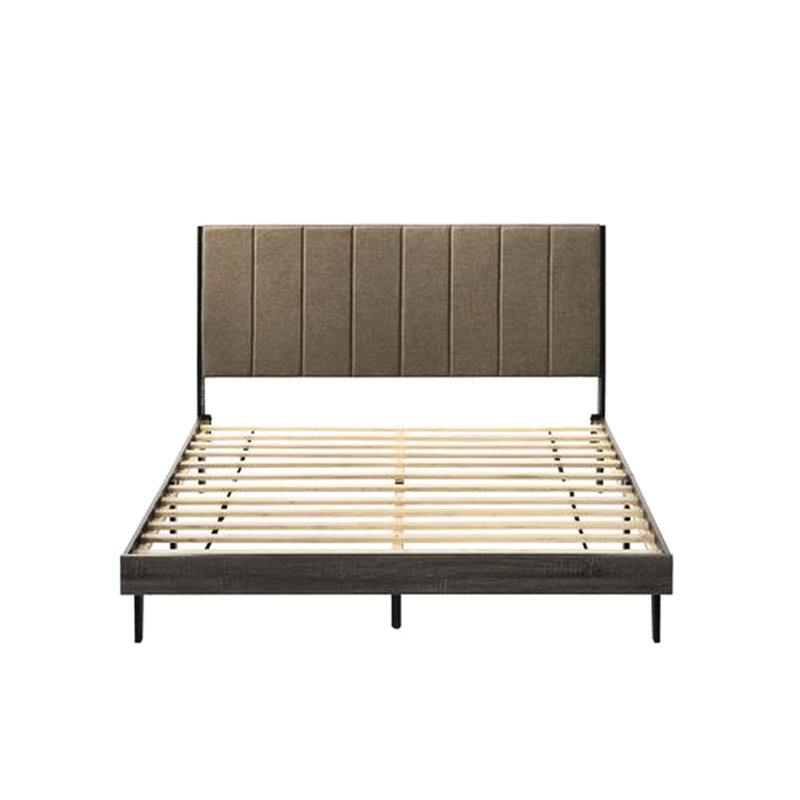 Grand lit au fini gris patiné et tissu brun, revêtement en tissu d'ameublement, tissu d'ameublement à profil bas, 12 lattes incluses pour le support, aucun sommier requis, matelas de 8 po adapté, placage en bois aggloméré