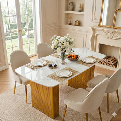 Table de salle à manger rectangulaire moderne en verre trempé à motif marbré avec base en métal à double piédestal doré, idéale pour la salle à manger et le bureau personnel