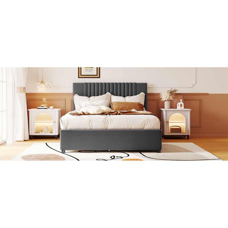 Lit plateforme tapissier gris avec 2 tiroirs et lit gigogne, tête de lit classique, matériau en contreplaqué, rangement dans la chambre à coucher supplémentaire, instructions d'assemblage faciles avec lit gigogne, style robuste