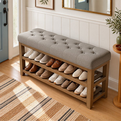 Upholstered Bench with Shelves