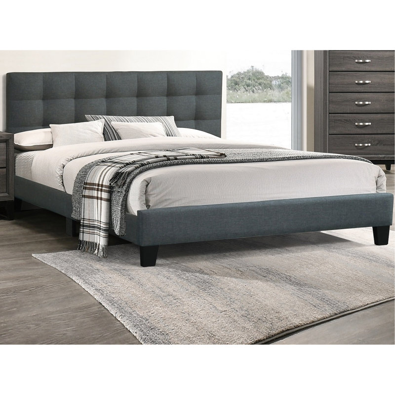 Charcoal Color Queen Bed With Foam Headboard And Wood Bedframe Stable Particle Board Wooden Frame, Charcoal, Queen