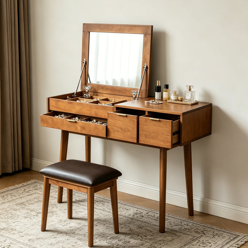 43.3" Classic Wood Makeup Vanity Set with Flip-top Mirror, Three Drawers, Rattan Storage Cabinets & Cushioned Stool | Multi-functional Dressing Table for Bedroom or Walk-in Closet