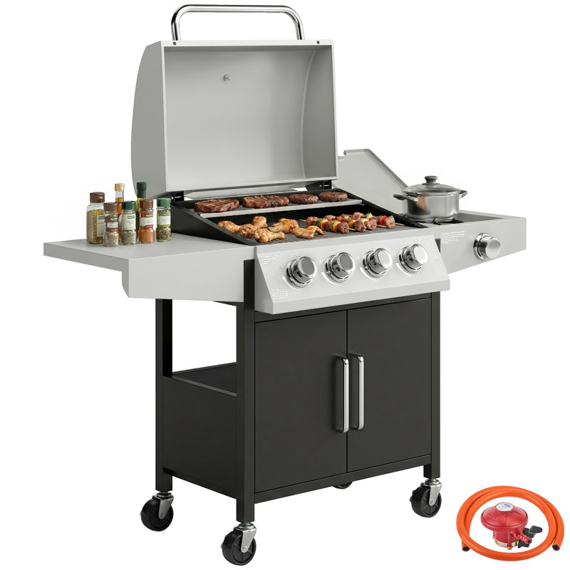 Outsunny 4 Plus 1 Burner Gas BBQ Grill with Side Burner, 14.5 kW Gas Grill