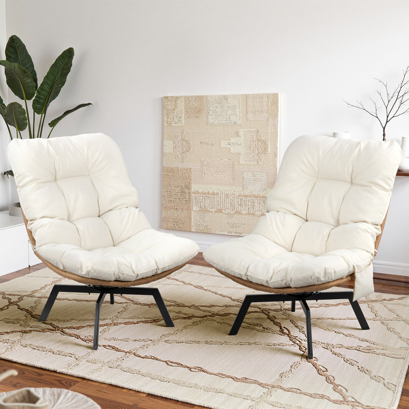 Chaise pivotante d'extérieur en osier avec coussins, Beige, Naturel