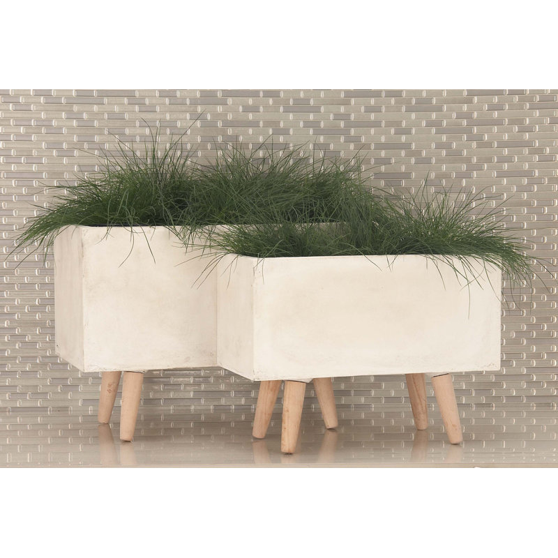 White Fiber Clay Rectangular Planters with Wood Legs, Set of 2
