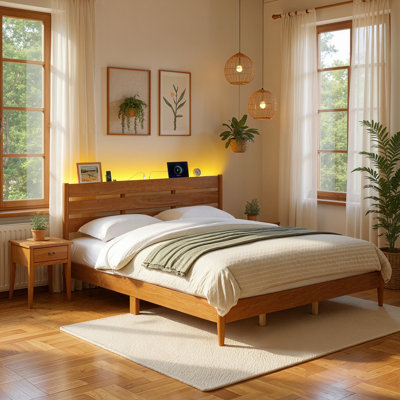 Bed Frame With Solid Wood Legs Slats,Headboard, LED Lights, Charging Station