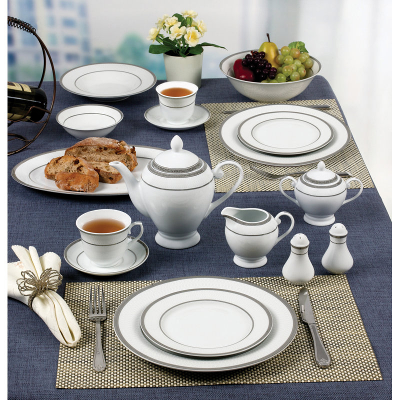57 Piece White Porcelain Dinnerware Set with Silver Trim