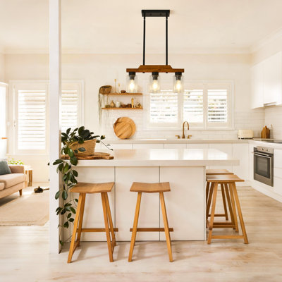 3 Lights Rustic Wood Linear Chandelier, 19.68 Inch Farmhouse Kitchen Island Lighting Dining Room Light Fixture with Seeded Glass Shades