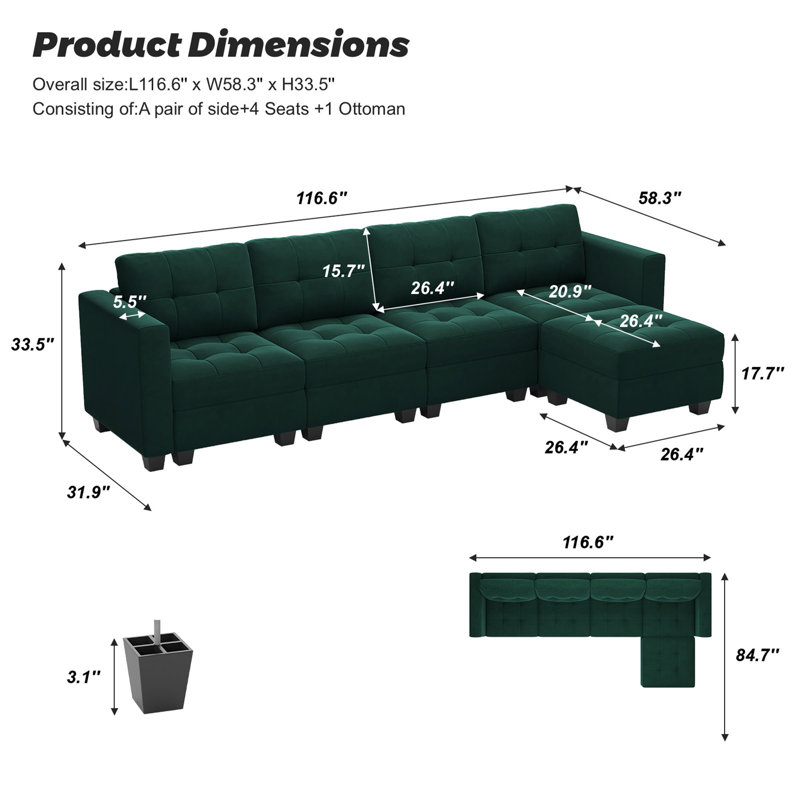 Canapé modulaire rembourré 116,6 po Soneson, Velours vert foncé