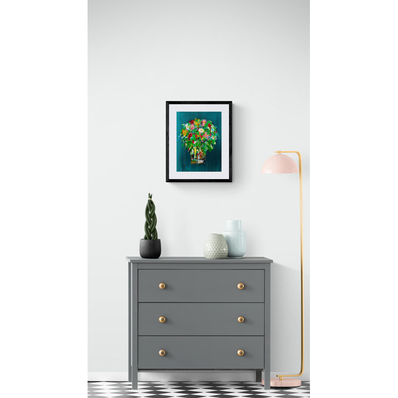 Flowers On Teal Print by Jphono 1, Black Framed Paper, White, 21.25" H x 17.25" W x 0.875" D