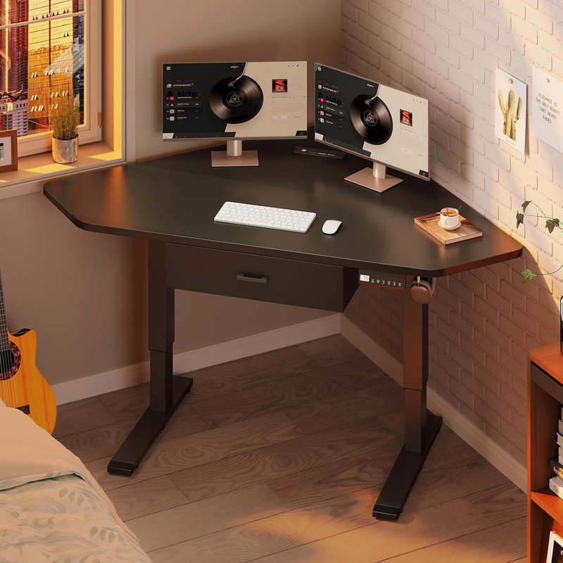 Corner Electric Standing Desk Height Adjustable Computer Desk with Drawer, Black