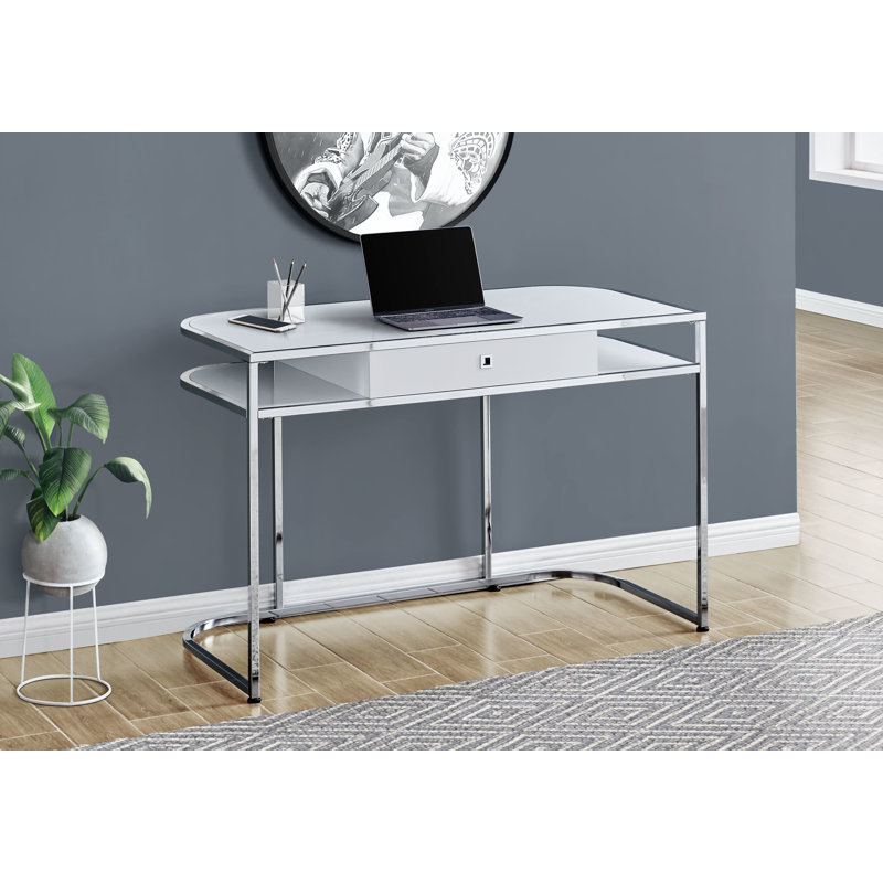Bureau d'ordinateur, bureau personnel, ordinateur portable, tiroirs de rangement, L 48 po, bureau, stratifié blanc, métal chromé, contemporain, moderne