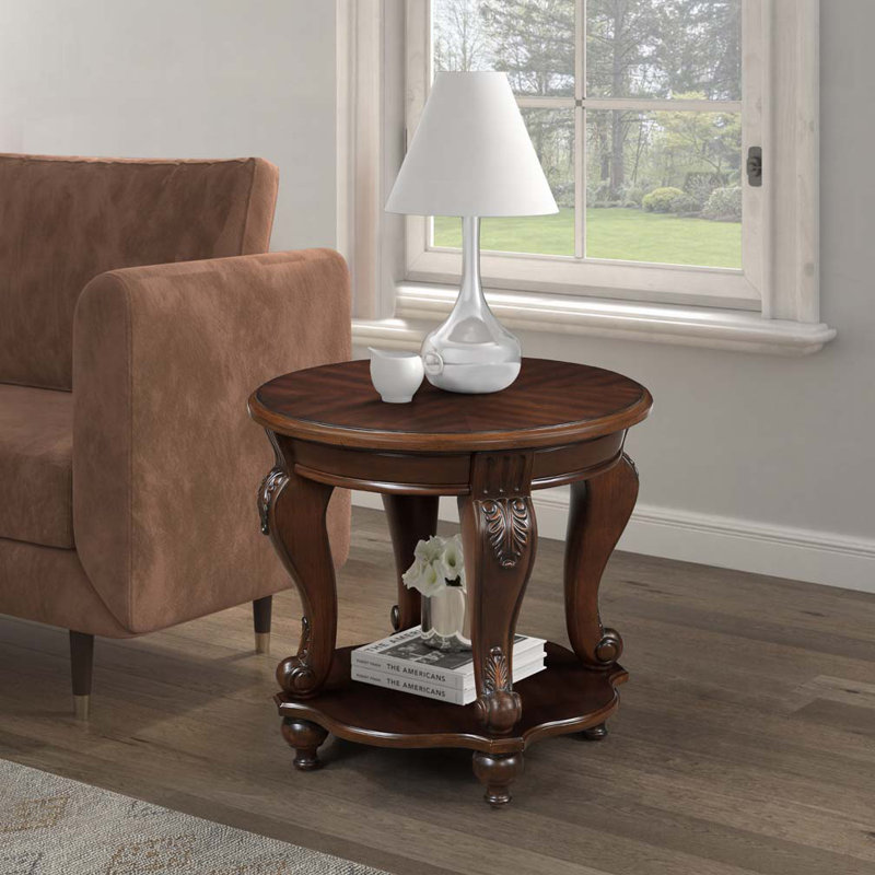 Solid Wood Round End Table with Shelf, Cherry, Cherry