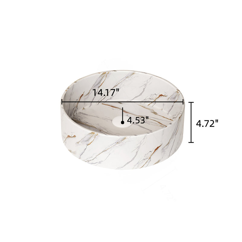 14'' Bathroom Sink, Round Vessel Ceramic Sink With Stone Pattern Without Faucet, NO Cabinet, Glossy White, Glossy White