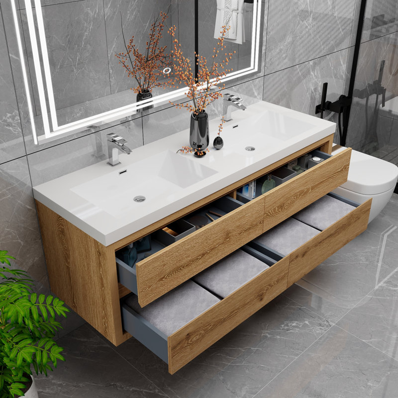 Meuble-lavabo double 59 po avec comptoir en acrylique Comptche, Bois jaune