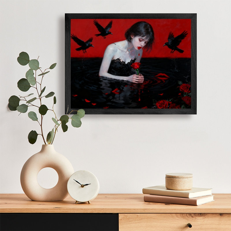 Reproduction d'art encadré noir, rouge et noir, romantique sur fond noir, H 25 po x l 17 po