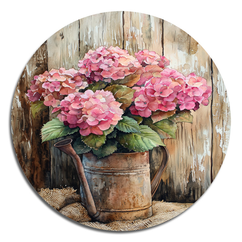 Bouquet d'hortensias rustique à la grange II - hydrangées, art mural rond en métal, H 36 po x l 36 po