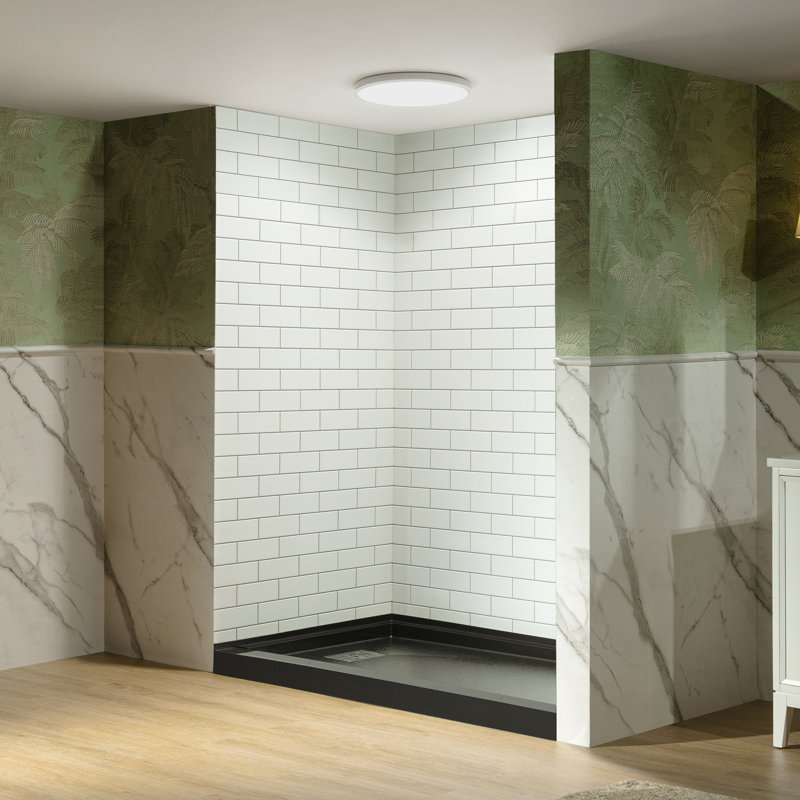 Panneaux muraux de douche WOODBRIDGE en surface solide, 3 pièces, à coller, dimensions : 152,4 cm (L) x 91,4 cm (P) x 190,5 cm (H). Ajustables, installation rapide, épaisseur : 3,5 mm, blanc mat, joint gris foncé, motif de carreaux texturés, WWH-603675-S-M