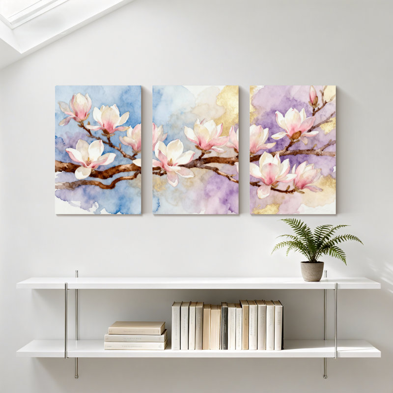 «Magnolia Magnolia Flowers on Branch», ensemble de 3 impressions sur toile, H 30 po x l 60 po