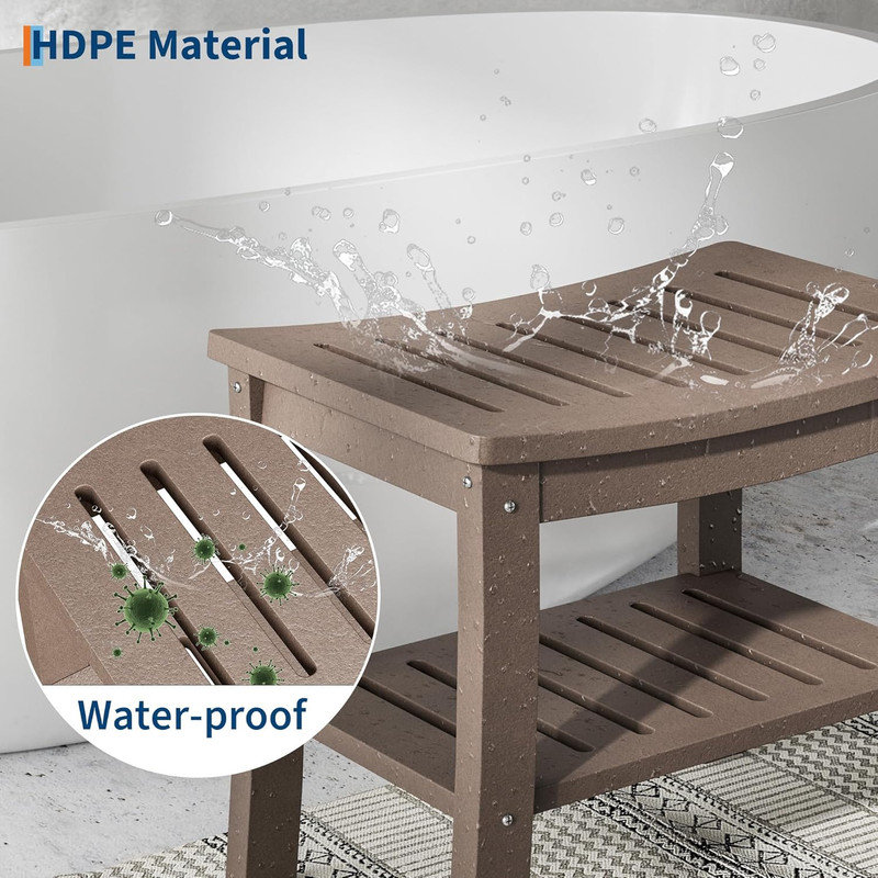 HDPE Shower Bench with Storage Shelf,Waterproof Shower Seat Stool Chair for Bathroom Bathtub,Non-Slip Spa Stool, Brown