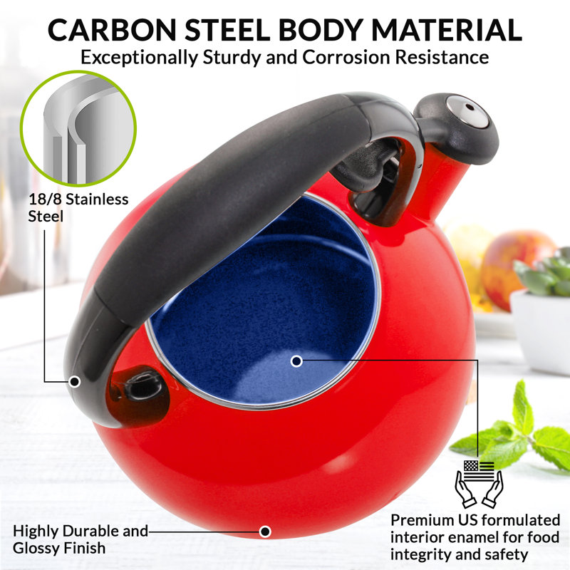Chantal Button 1.8 Quarts Carbon Steel Whistling Stovetop Teakettle, Red