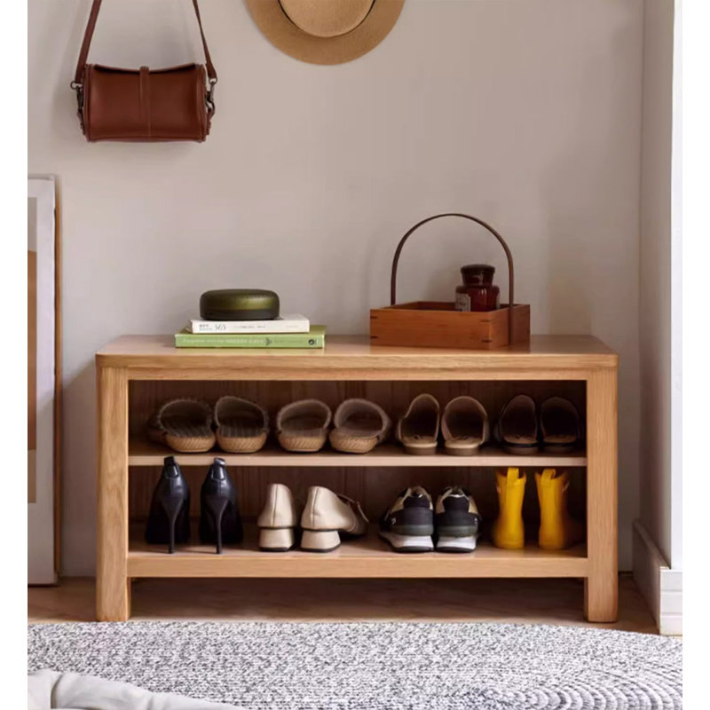 Natural-coloured rectangular solid wood low shoe cabinet, 16.54" H x 40.16" W x 14.17" D