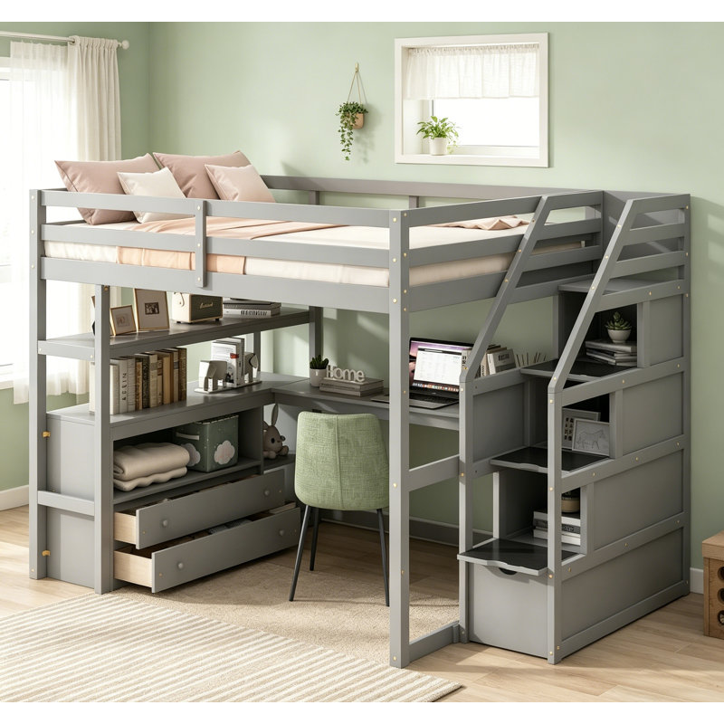 Lit mezzanine double avec bureau, tablettes et escalier de rangement gris, maximisant l'espace et la fonctionnalité pour les chambres modernes