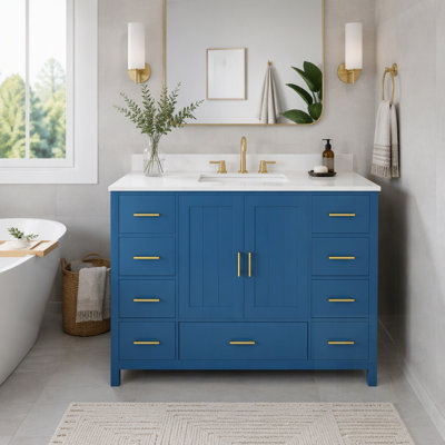 Meuble-lavabo moderne en bois massif avec lavabo, plateau en quartz blanc Carrare de 43 po, 3 trous de robinet, 2 portes à fermeture en douceur et 9 tiroirs