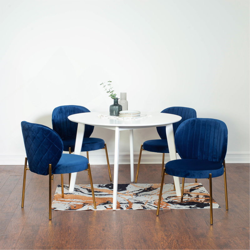 Ensemble de salle à manger contemporain 5 pièces, table de salle à manger ronde blanche avec 4 chaises, Bleu