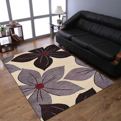 Hand Tufted Wool Eco-Friendly Area Rugs - Rectangle, Cream Color, Floral Modern Design, High Pile Thick Handmade Anti Skid Area Rugs for Living Room, Bed Room 