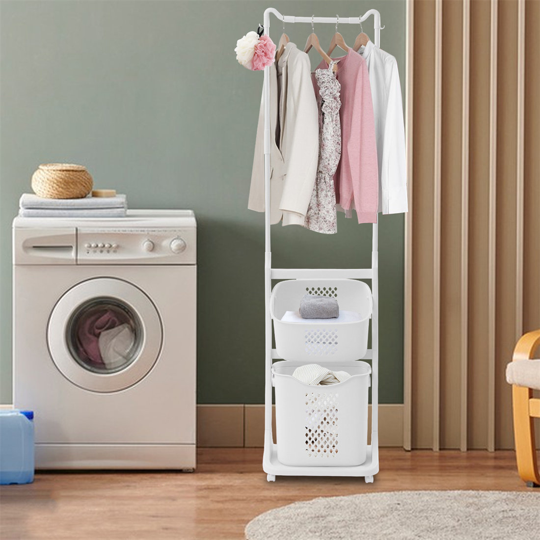 Free-Standing Laundry Room Organizer with Basket