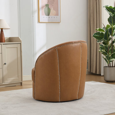 Light Brown Top-Grain Leather Swivel Accent Chair, 360° Smooth Spin, Mid-Century Modern Lounge Chair For Living Room/Office