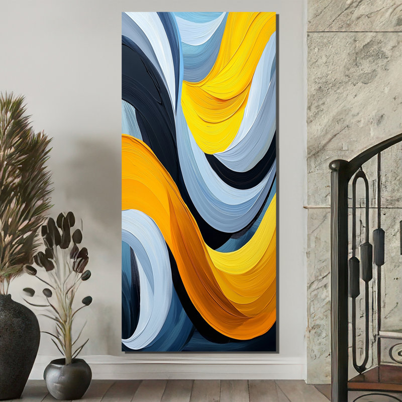 Nynke Lignes de vapeur océaniques bleues et jaunes I - Peinture murale minimaliste, H 60 po x l 28 po, Toile tendue