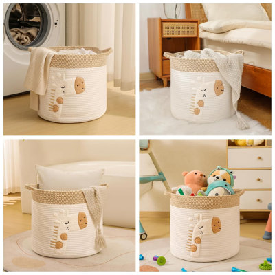 Grands paniers à couvertures pour le décor du salon, paniers de rangement pour jouets, panier en corde de coton tissé pour enfants 14 po x 14 po, panier à vêtements pour organisateur de jouets avec broderie pour la chambre de bébé, girafe
