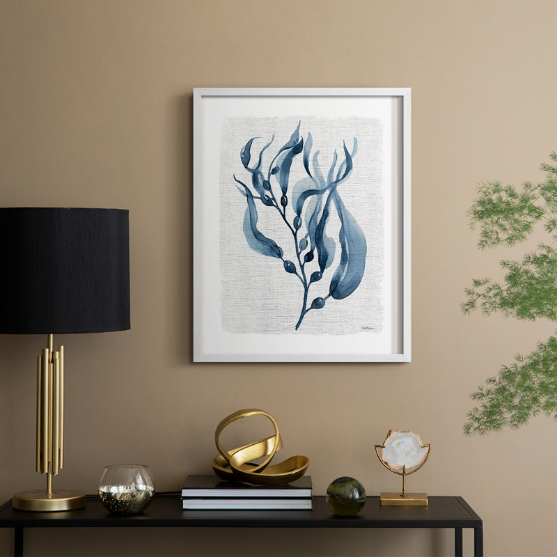 Reproduction encadrée bleu marine de varech I - bois massif, H 15 po x l 12 po, Blanc