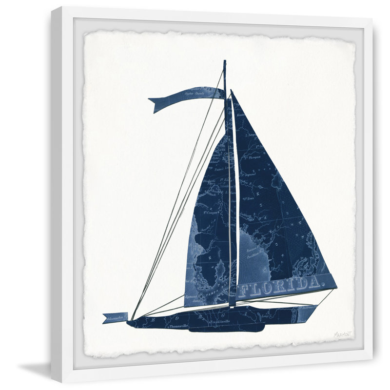 Reproduction d'art graphique sur papier bleu marine, voilier de Floride, H 12 po x l 12 po x P 1,5 po