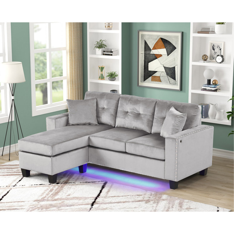 Canapé modulaire réversible de 74 po en velours gris avec lumière DEL, port USB, garniture cloutée, coussins décoratifs, coussin touffeté