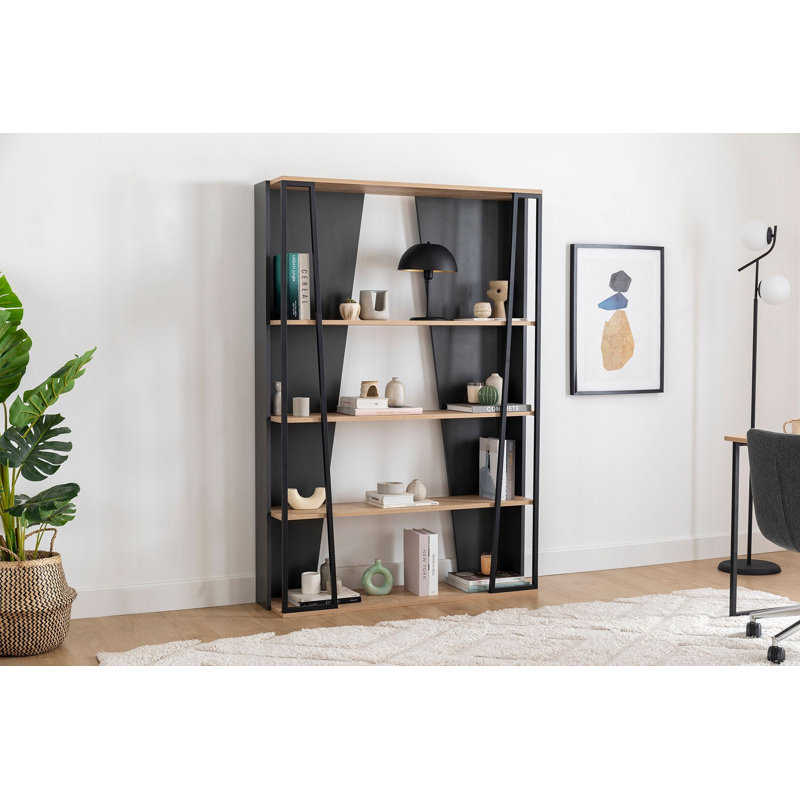 Modern Industrial Bookshelf with Metal Frame, Sapphire & Anthracite Finish, 48.6 x 12.6 x 70.7 inches | 100% Melamine Coated Particle Board, Thickness: 0.7 inches | Stylish Storage Solution for Home or Office