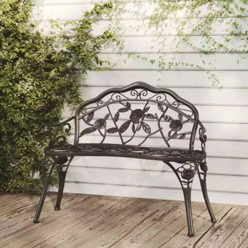 Rose Ornate Detail Metal Outdoor Garden Bench, Black