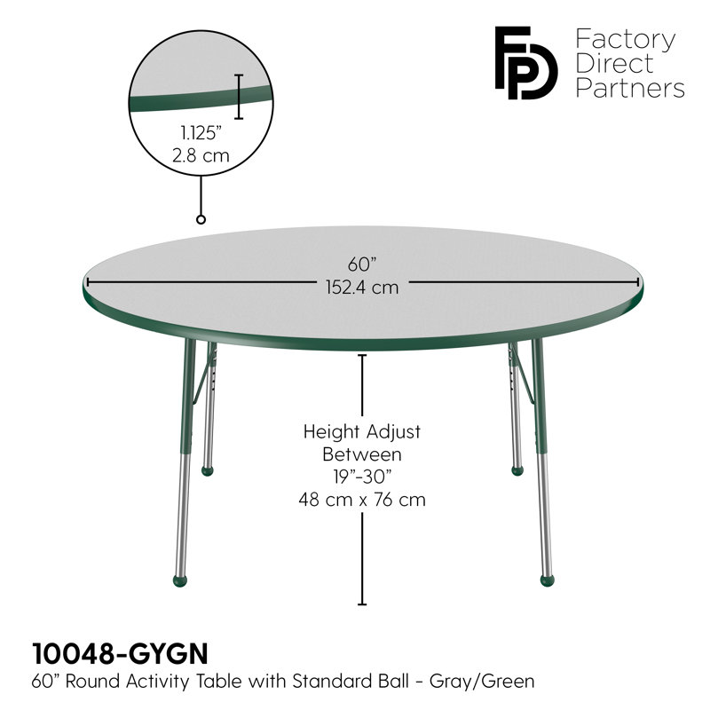 Table ronde à hauteur réglable, H 24 po x L 60 po x l 60 po, Gris / vert, Standard Ball Glide