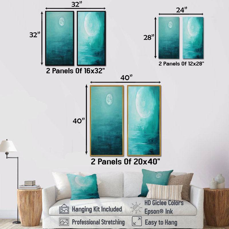 Ensemble de salon mural bleu sarcelle Tranquility Moon - Moon, H 32 po x l 33 po, Encadrement doré