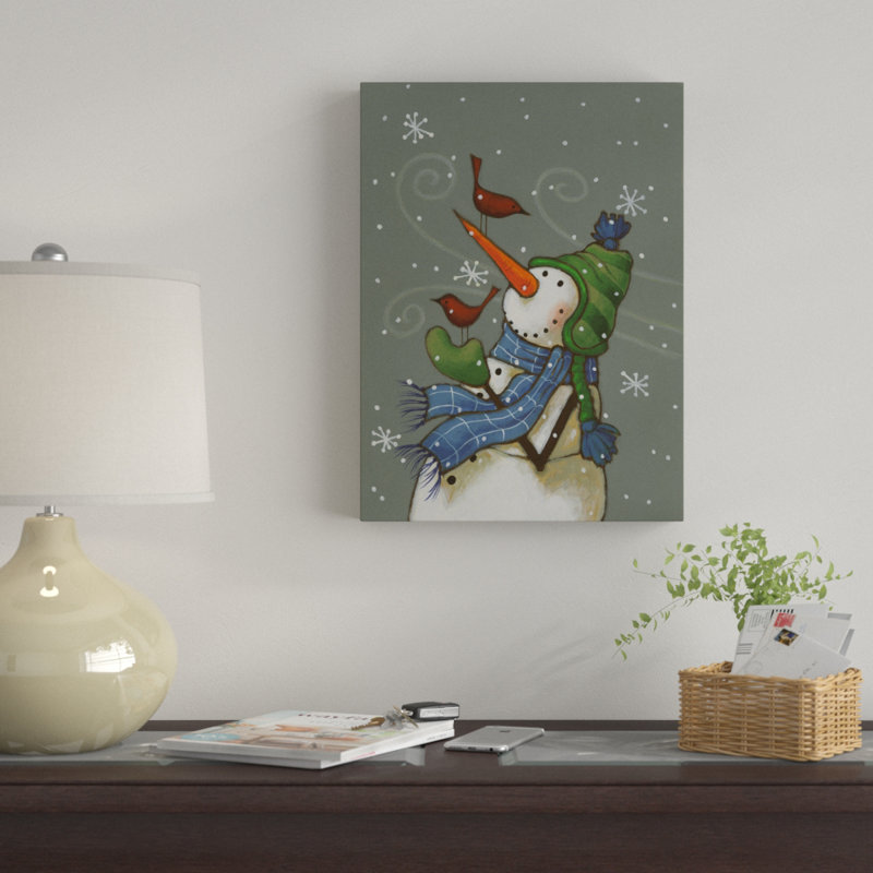 « bonhomme de neige avec des oiseaux », reproduction de peinture à l’acrylique sur toile tendue, H 24 po x l 18 po x P 2 po