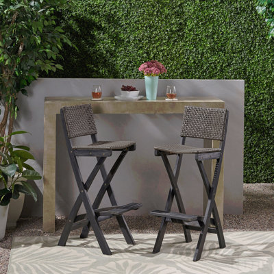 41.75" Outdoor Folding Acacia Wood Barstools With Pe Rattan Backrest And Seat, Dark Grey Finish (Set Of 2)