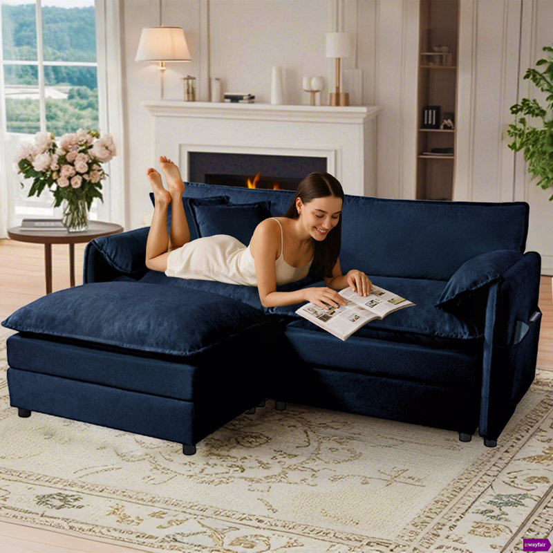 Shugar 75.59"W Deep Seat Sectional Sofa Cloud Couch with Ottoman, Modern Chenille Comfy Love Seat Upholstered Modular L Shaped Couch