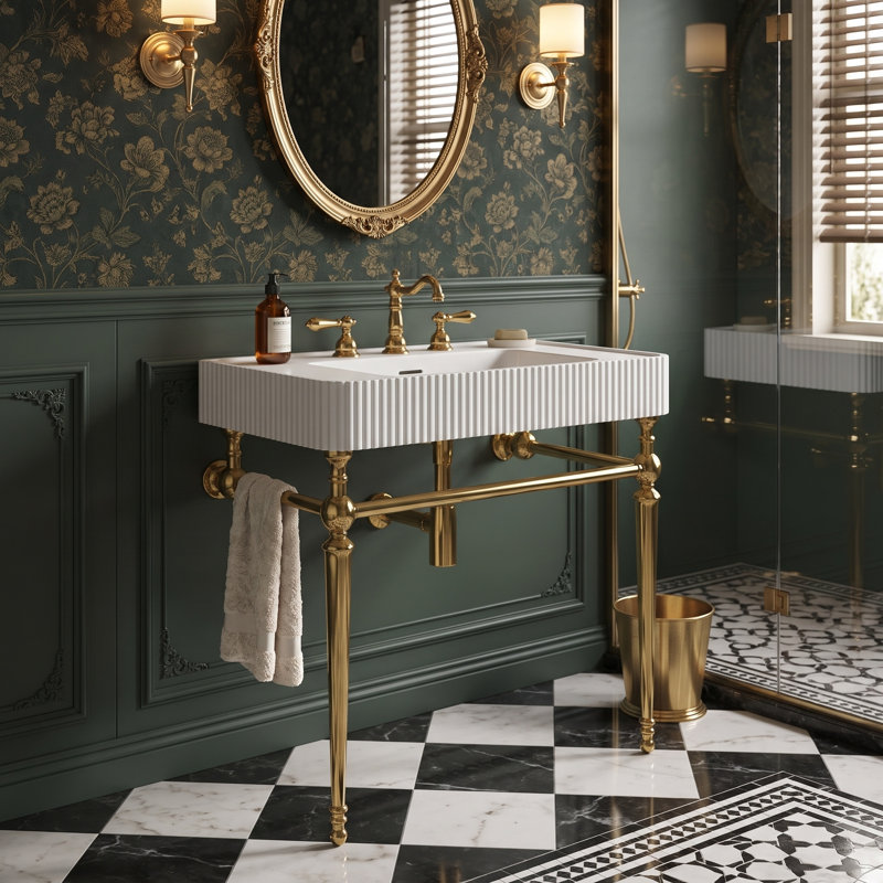 Wall Mounted Single Vanity Bathroom Vanity With Stone Top, 30" Gold Leg with White Sink