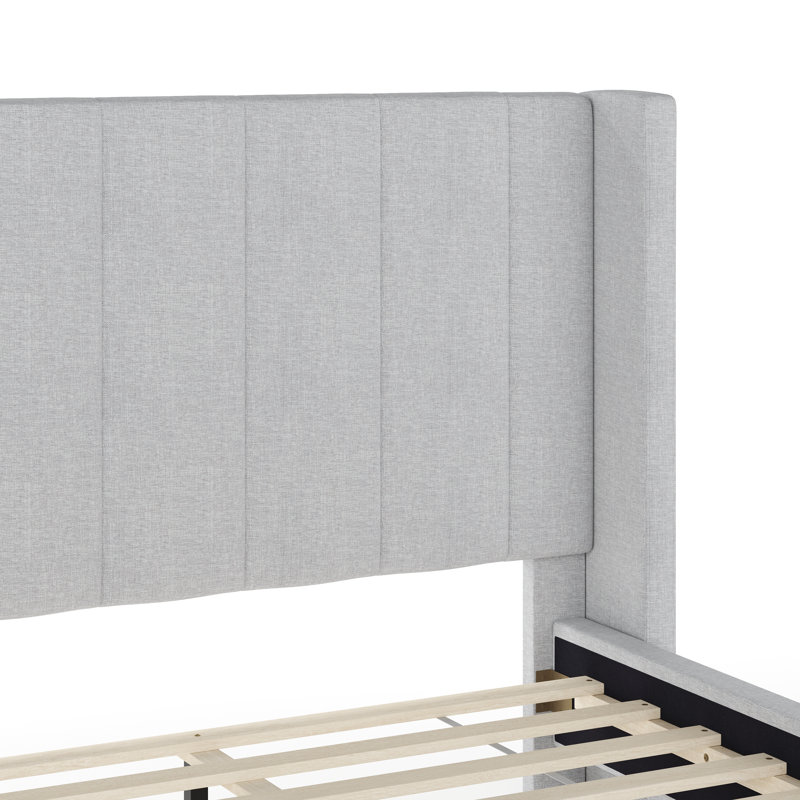 Gray King Upholstered Platform Bed with Linen Wingback Headboard