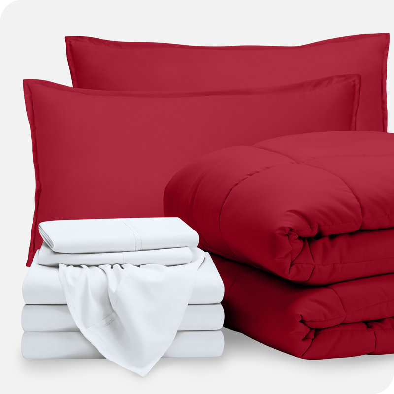 Microfiber Bed-In-A-Bag, Red/White, Split Queen Comforter + 7 Additional Pieces